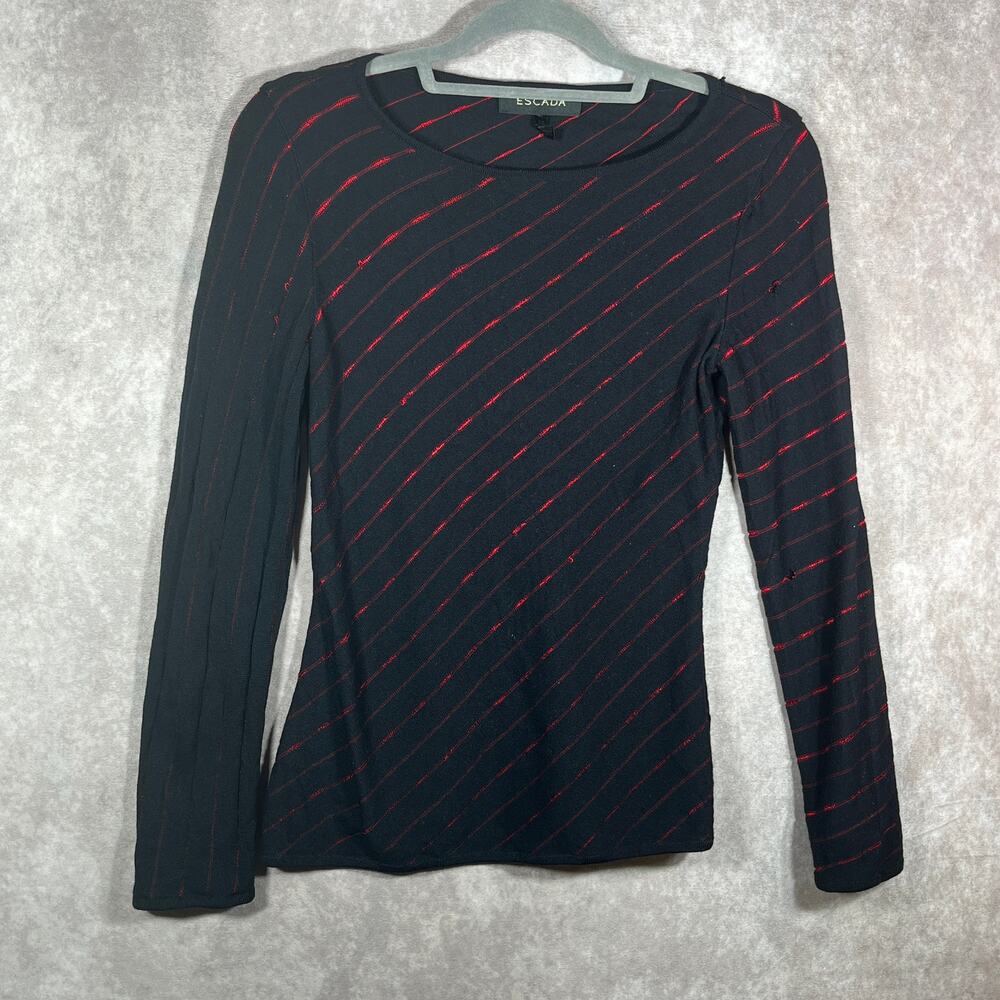 Escada Sweater Women 36 Black Red Striped Knit Wool Blend Crew Pullover Designer